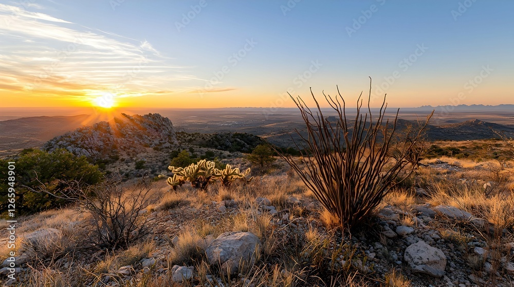 Obraz premium Golden Sunrise Over Desert Mountain Landscape