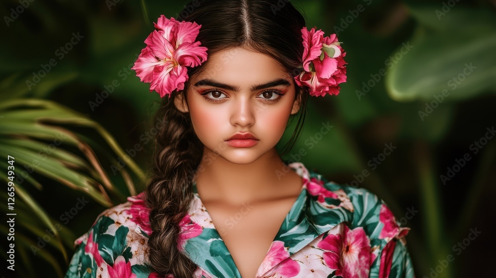 Naklejka premium Tropical Teen Girl Portrait, Flowers, Jungle, Serious Expression, Fashion