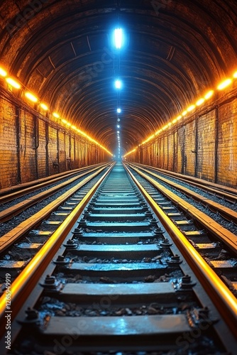 Dark Tunnel Railroad Tracks Perspective, Neon Lights photo