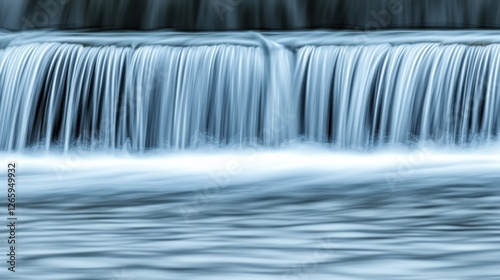 Serene waterfall cascading over dam, river flowing, nature background, tranquil scene
