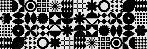 A bold black-and-white geometric pattern set with dynamic shapes, including circles, stars, and squares. Ideal for modern designs, backgrounds, and abstract visuals.