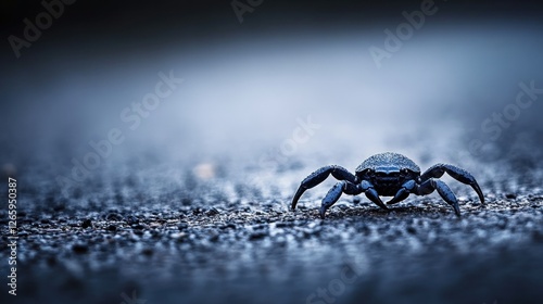 Dark spider crawling asphalt, misty background, nature macro photography