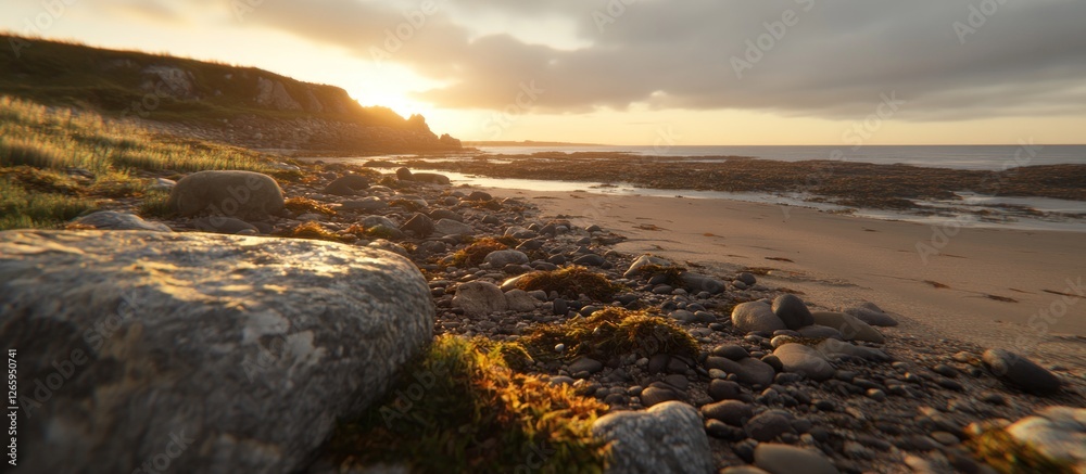 Obraz premium Sunset Coastline Rocks Beach Scene