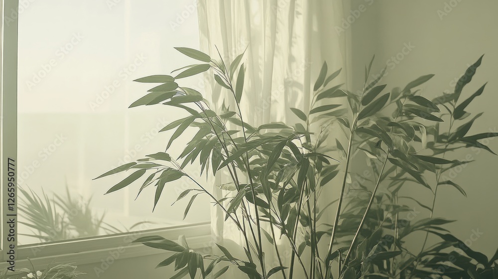 Fototapeta premium Plant, sunlit room, window, morning, peace, home, interior, calm, serene, design