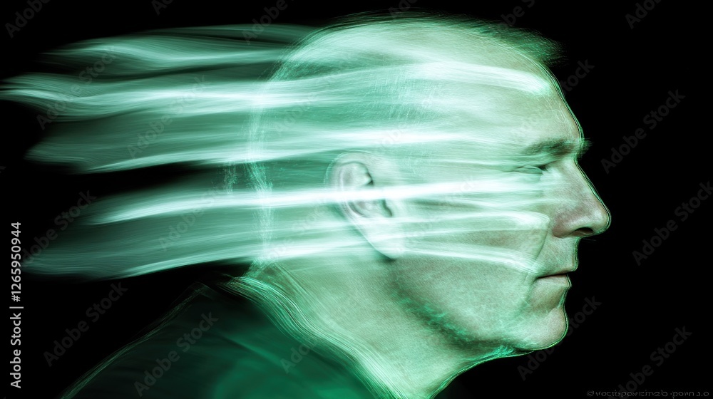 Obraz premium Man, profile, green, light streaks, studio, memory, concept, thought