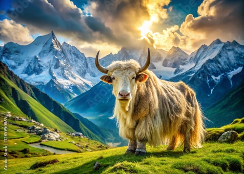 Majestic Yak in Himalayan Landscape: High-Resolution Stock Photo