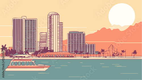 Pattaya Cityscape with Beachfront in Minimalist Line Art