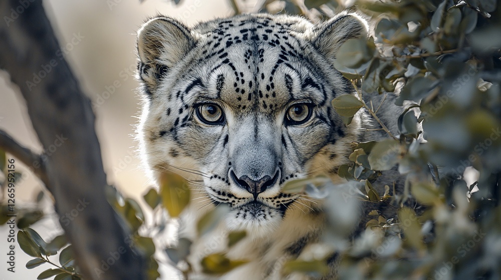 Obraz premium Snow leopard, peering, foliage, mountains, wildlife, nature, conservation poster