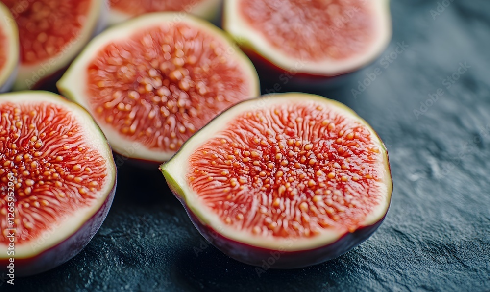 Close-up of sliced figs on a dark surface, revealing their vibrant interior texture and colors Close-up of sliced figs on a dark surface, revealing their vibrant interior texture and colors