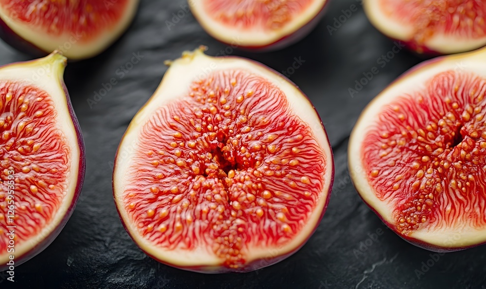 Ripe fig halves showcasing their textured flesh against a dark slate background