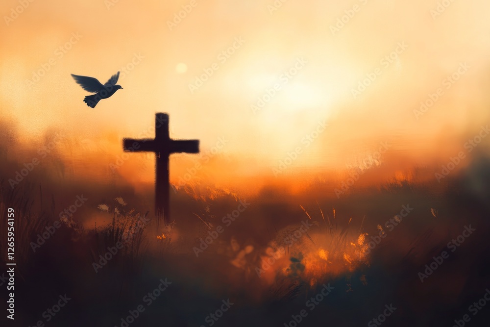 Blurred background of the silhouette of an empty cross with a dove flying above it. In the foreground, a blurred landscape with warm and inviting colors Blurred background of the silhouette of an empty cross with a dove flying above it. In the foreground, a blurred landscape with warm and inviting colors