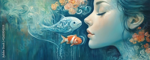 Woman with her eyes closed, floating in the water, orange and blue fish swimming by her face with sea waves in the background, banner with copy space. Aqua dream elegance concept.