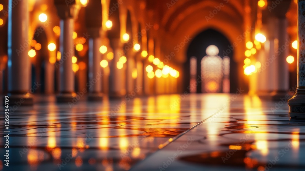 Serene Hallway with Warm Lighting and Imposing Architecture Elements Serene Hallway with Warm Lighting and Imposing Architecture Elements