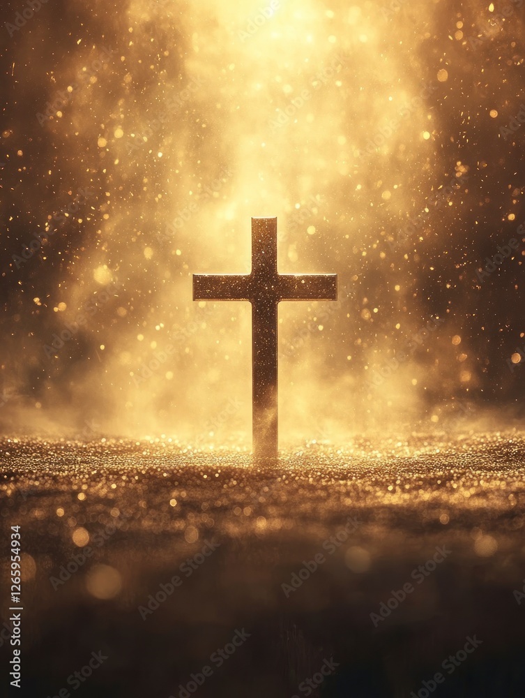 Fototapeta premium a cross stands in the center of an empty space, with golden dust falling from above and shining on it. The background features a blurred scene with light effects. 