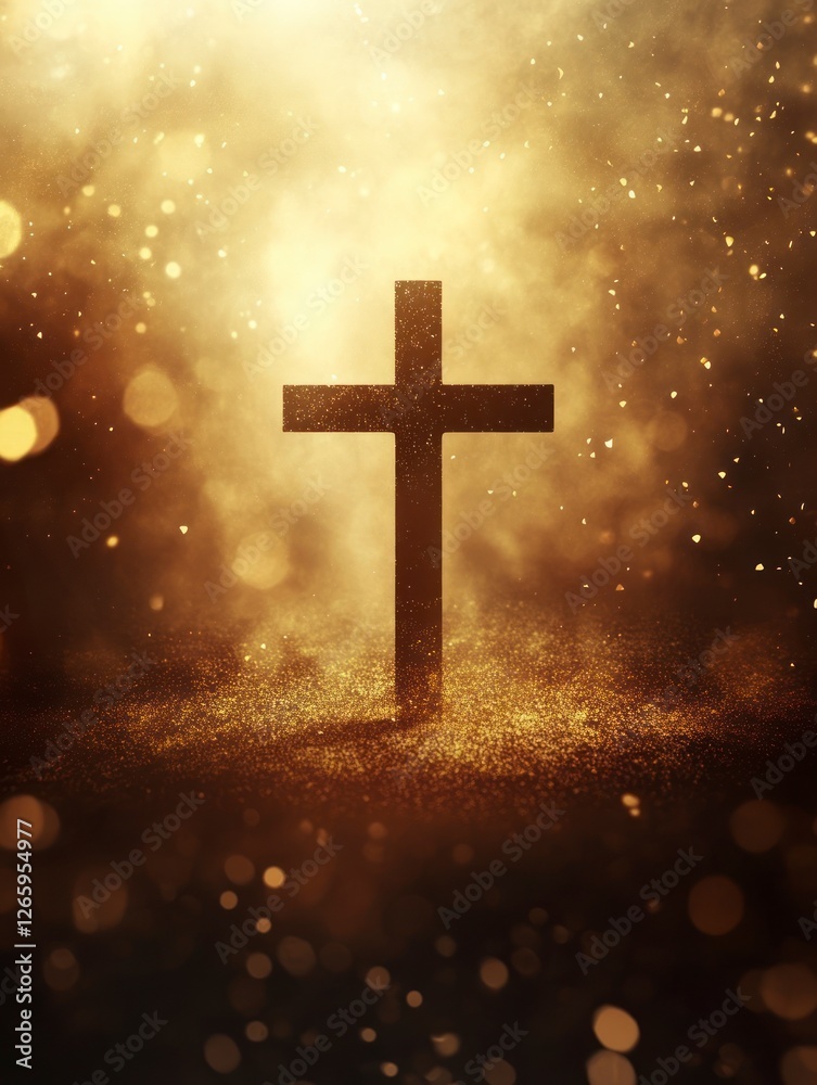 a cross stands in the center of an empty space, with golden dust falling from above and shining on it. The background features a blurred scene with light effects. a cross stands in the center of an empty space, with golden dust falling from above and shining on it. The background features a blurred scene with light effects.