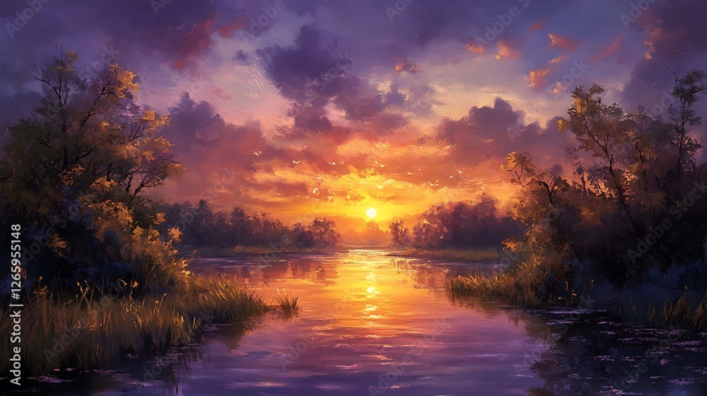 Beautiful scene of sunset over the lake Beautiful scene of sunset over the lake