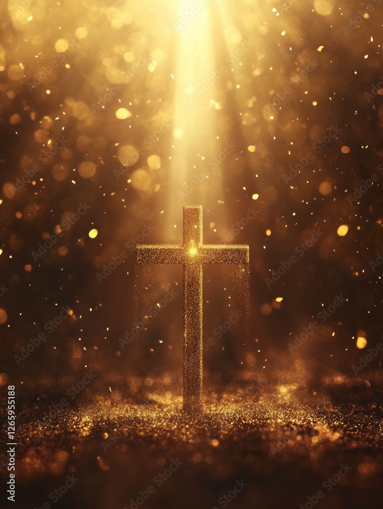 a cross stands in the center of an empty space, with golden dust falling from above and shining on it. The background features a blurred scene with light effects. a cross stands in the center of an empty space, with golden dust falling from above and shining on it. The background features a blurred scene with light effects.