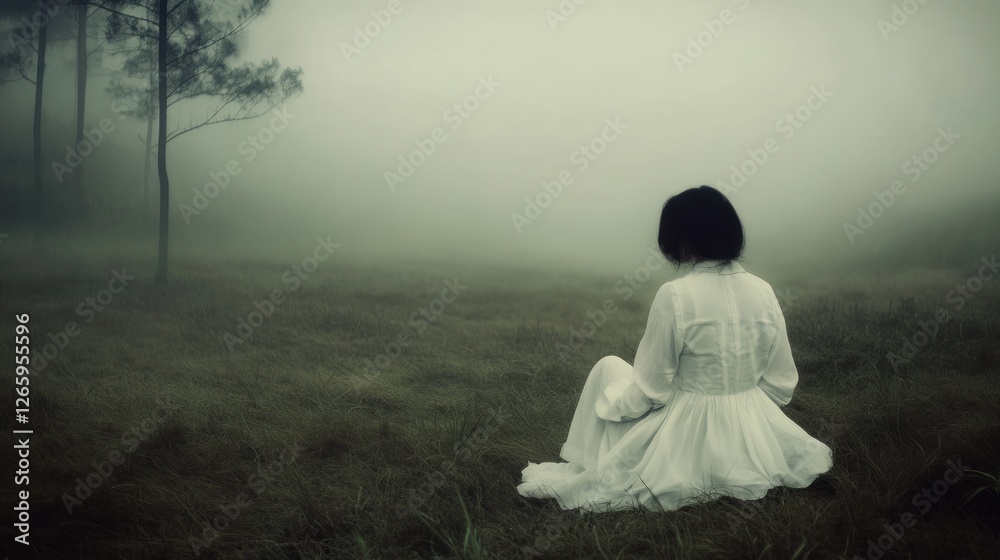 Woman sits alone in foggy field, trees background, melancholic mood, for sadness concept Woman sits alone in foggy field, trees background, melancholic mood, for sadness concept