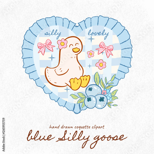 Cute goose, adorable farm, goose in heart frame, hand drawn cartoon farm clipart, blueberry, coquette clipart, vintage geese, baby, vector cute bird isolated set element design on mint background, fun