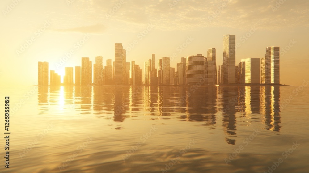Fototapeta premium Sunset cityscape island reflection, coastal urban development, sunrise
