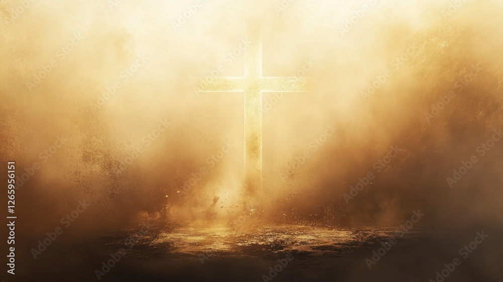 Naklejka premium The cross is shining in the golden light, with dust floating around it. The background features an abstract texture of gold and white.