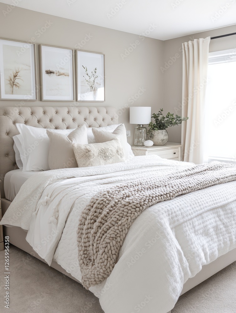 Obraz premium Serene bedroom featuring neutral tones artwork and luxurious bedding