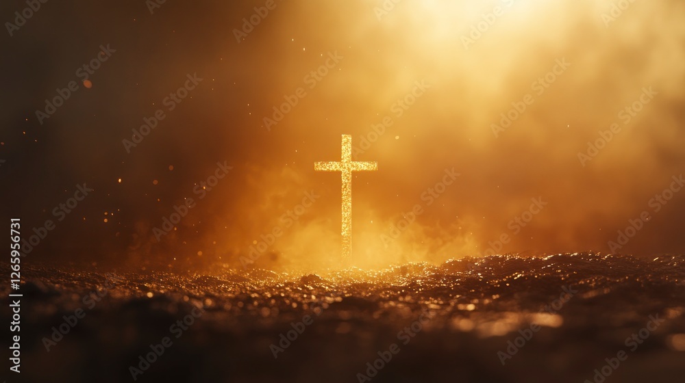 Naklejka premium cross stands on the ground, with golden light shining from behind it. The background is blurry and has an ethereal feel. 
