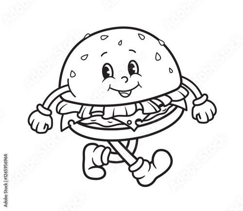Funny burger character, cartoon character . Black and white coloring book , line art. Vintage street food hamburger street food mascot vector illustration. Nostalgia of 60s, 70s, 80s.