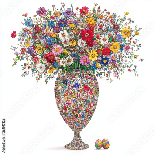 Vibrant Wildflower Bouquet in Ornate Vase with Decorated Eggs