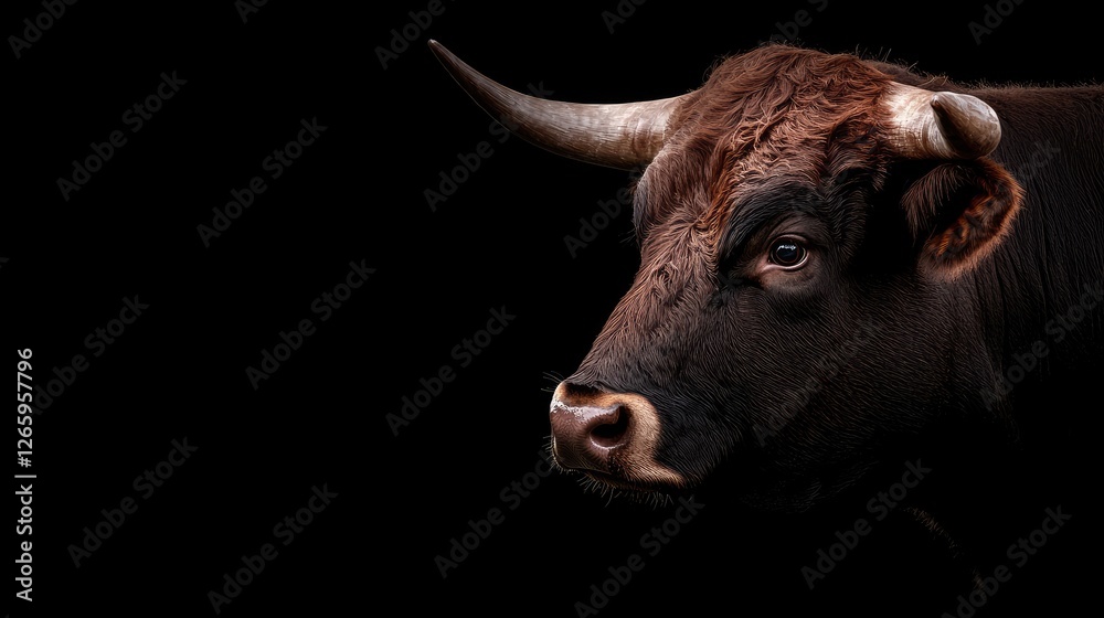Naklejka premium Highland bull portrait, dark background, farm animal