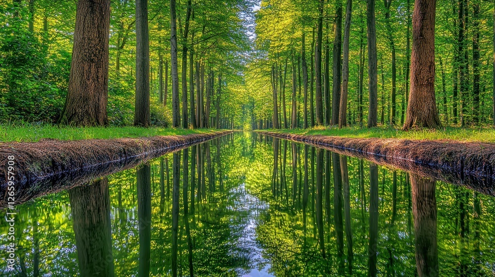 Fototapeta premium Forest canal path, mirrored in still water, sunlit trees