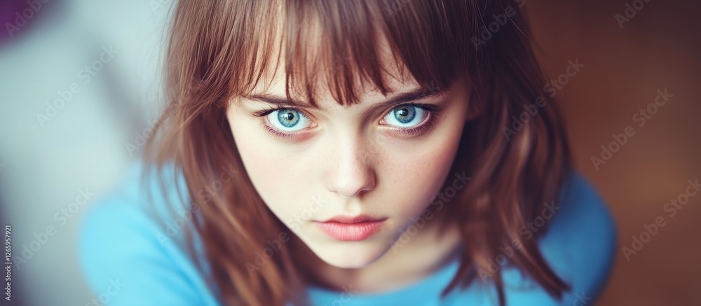 Fototapeta premium Blue-eyed girl, serious expression, indoor, blurred background, portrait