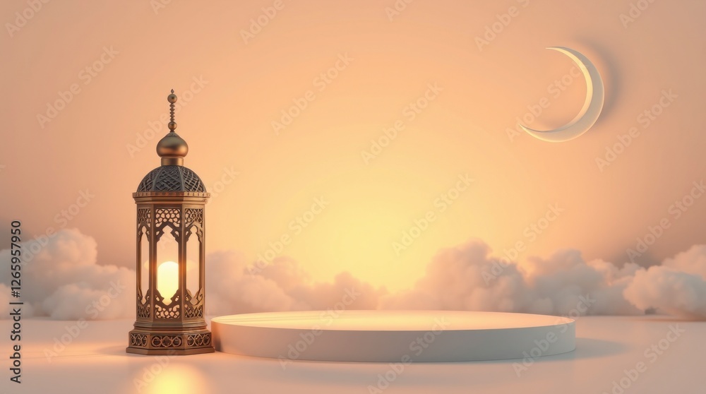 Fototapeta premium Ramadan Lantern and Crescent Moon Display Stand