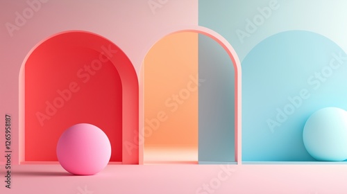 3D rendering of three pastel pink, blue and orange arches with soft colorful balls on the floor. Web banner in gradient colors.
