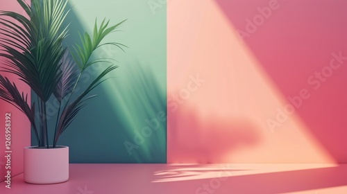 3D rendering of potted palm tree against empty wall with pink and green gradient background with copy space. Suitable for use as wallpaper or backdrop, combining simplicity with vibrant color tones.