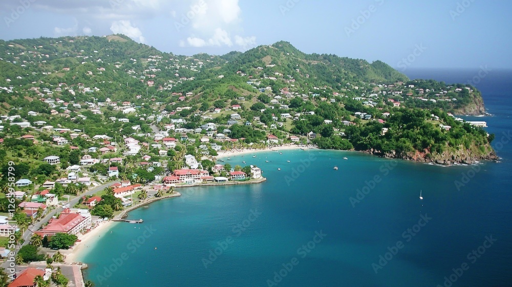 Fototapeta premium Aerial view of Caribbean town nestled in a bay, surrounded by hills