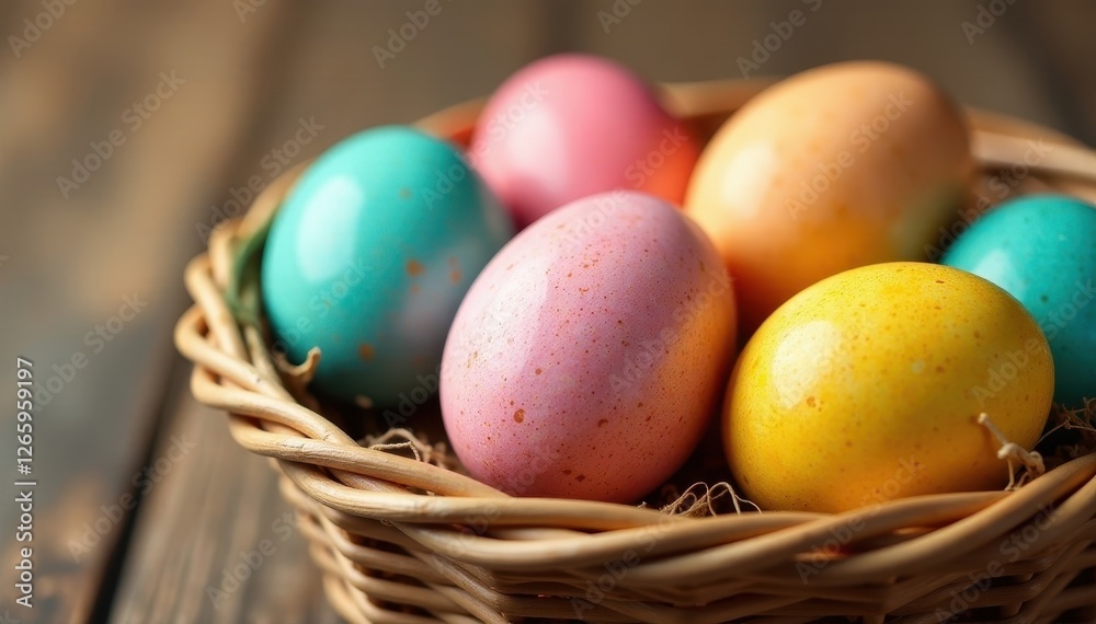 Speckled teal, pink, and yellow eggs in a woven basket , decoration, macro, nature Speckled teal, pink, and yellow eggs in a woven basket , decoration, macro, nature