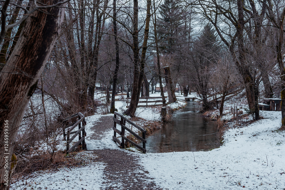 Public park in winter in Ljubno ob Savinji village in Slovenia, path with bridges over small river covered with snow and a lot of trees