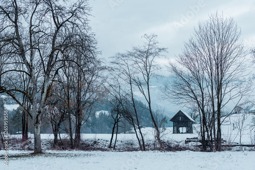 Toplar, a classical hay house or barn in central Slovenia, a typical agricultural building seen in Slovenia on a snowy winter day photo