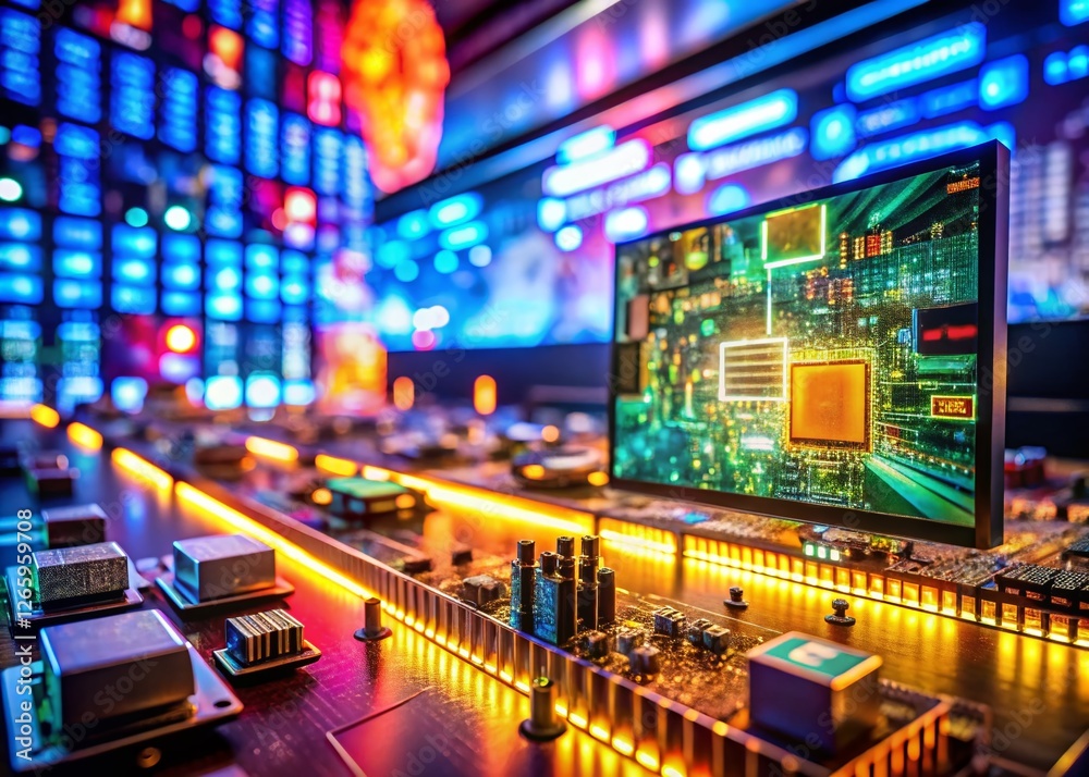 Fototapeta premium Miniature Circuit Board Behind Giant Digital Display - Tilt-Shift Stock Photo