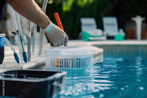 A man using a pool testing kit to add the necessary chemicals for water treatment and balance