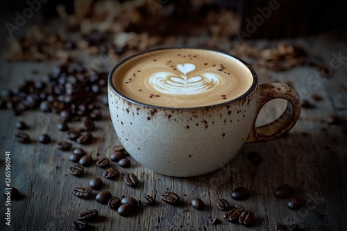 Xícara de cappuccino com latte art detalhada, cercada por grãos de café torrados em uma mesa de madeira rústica, criada com IA generativa para um ambiente acolhedor e artesanal