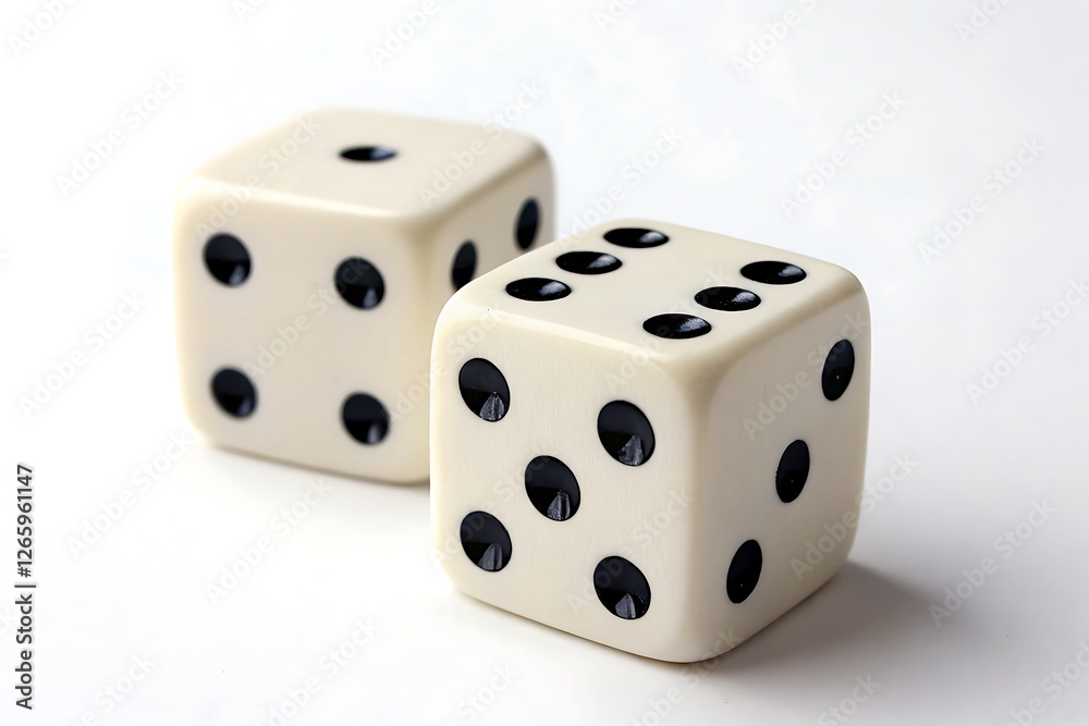 Two Classic Dice Showing a Random Result. Close-up of two cream-colored dice, with black pips, positioned on a plain white background. Two Classic Dice Showing a Random Result. Close-up of two cream-colored dice, with black pips, positioned on a plain white background.