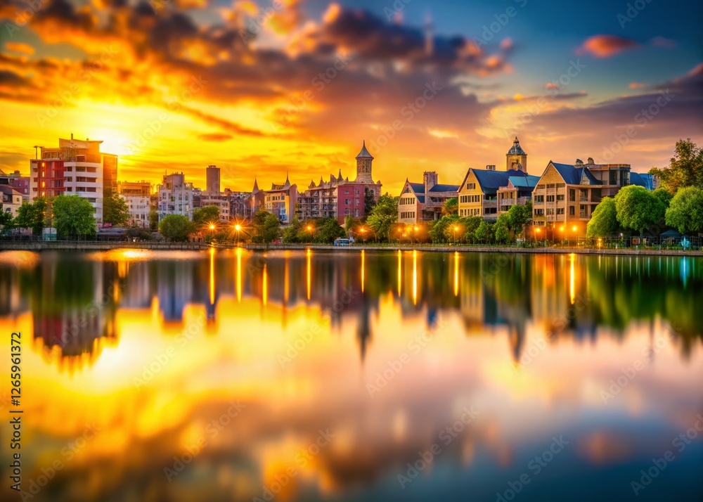 Obraz premium Miniature Golden Cityscape Reflection, Sunlit Lake, Tilt-Shift Photography