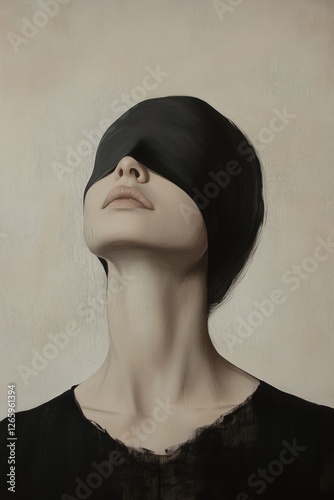 Oil painting of elegant woman with her eyes covered by black blindfold against minimalistic background in neutral colors. Surrealistic aesthetic and  hyperrealistic style. Muted Mystery concept.