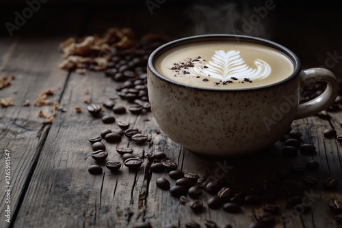 Xícara de cappuccino com latte art detalhada, cercada por grãos de café torrados em uma mesa de madeira rústica, criada com IA generativa para um ambiente acolhedor e artesanal