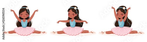 Pretty ballerinas girl in pink and blue dress doing the splits on white background. Poster, Banner, Flyer, Greeting Card. Vector illustration in flat cartoon style
