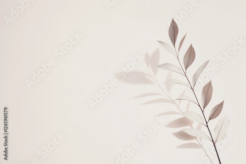 Delicate, pale pink and gray plant shadow on the right side of empty light beige background with copy space. Minimalist style with muted colors.  