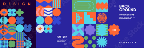 A bold abstract pattern with geometric shapes and vivid colors in a minimalist style. A modern vector background perfect for posters, flyers, banners, and festival themes. 
