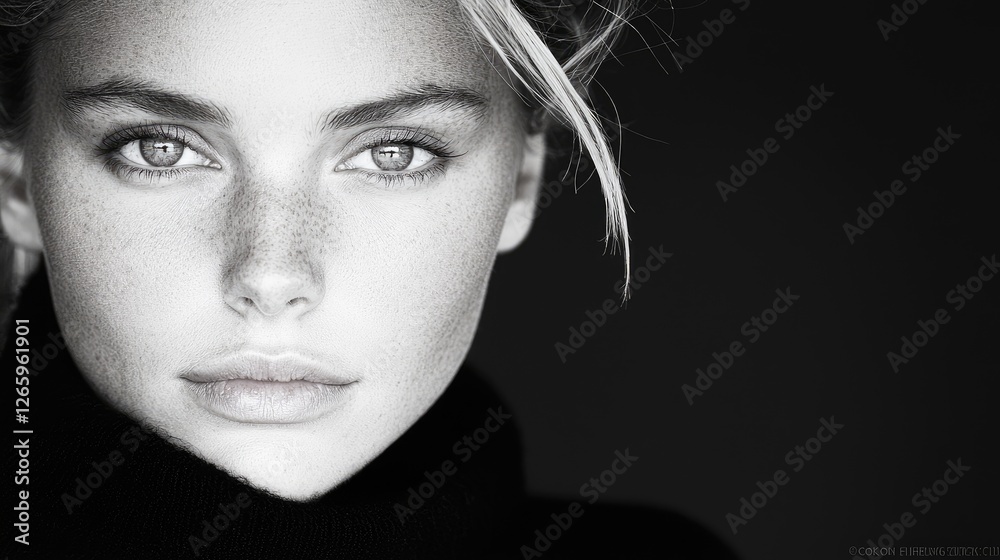 Fototapeta premium Woman's portrait, serious expression, dark background, fashion photography